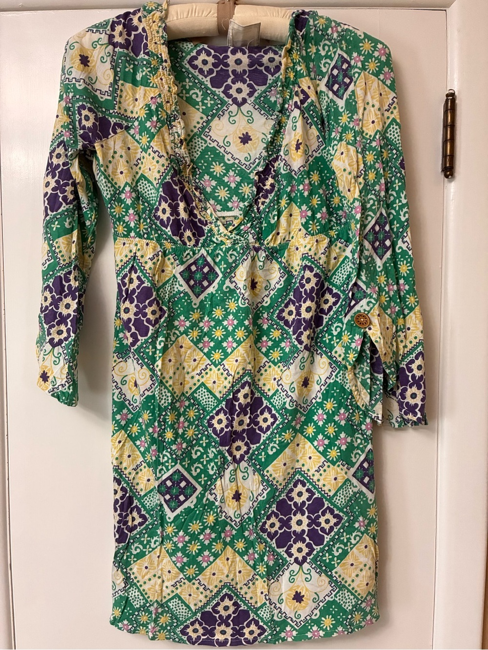 Anthropologie Boho Printed V-Neck Beach Swim Coverup Teal, Purple & Cream